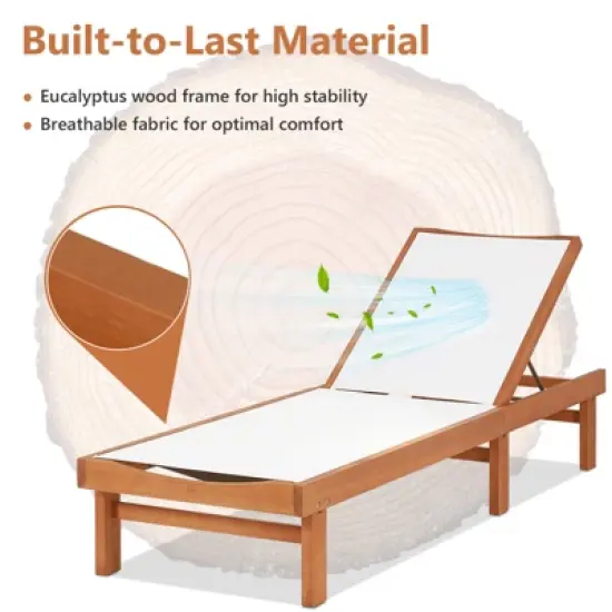 Tangkula 1PC/2PCS Outdoor Chaise Lounge Chair, Eucalyptus Wood Recliner w/ 5-Level Backrest, Breathable & Quick Drying Seat Fabric image {4}