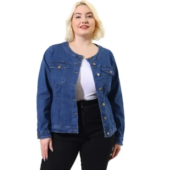 Agnes Orinda Women's Plus Size Jean Jacket Long Sleeves Collarless Denim Jacket image {9}