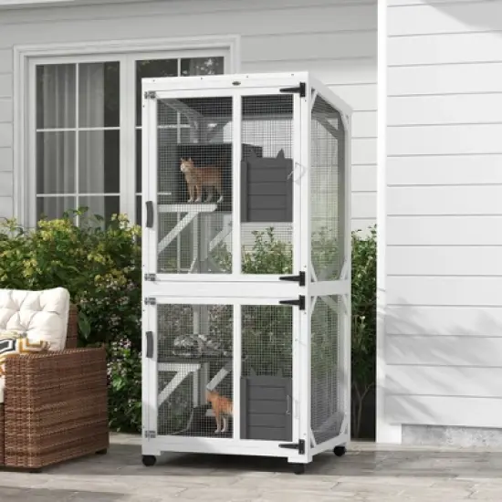 PawHut Catio Outdoor, Large Cat Enclosure, Wooden Kitten House, Elevated Design, with Wheels, Water-Resistant, Multi Platforms image {2}
