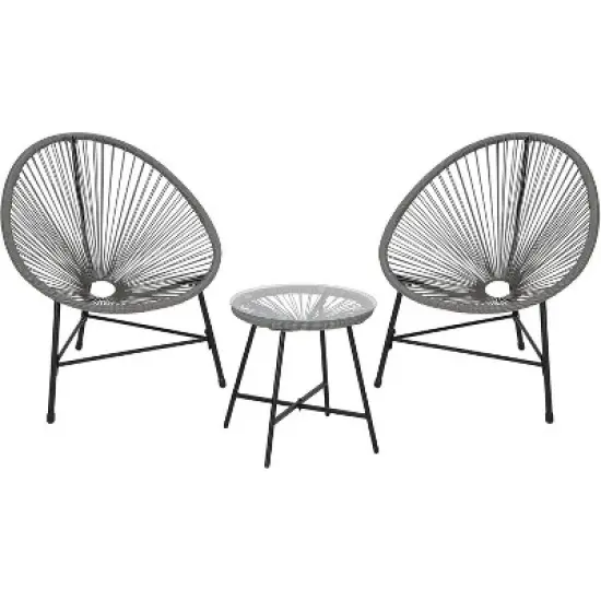 Acekool 3-Piece Acapulco Patio Bistro Set with Glass Top Table & 2 Wicker Chairs, All-Weather Outdoor Seating for Balcony and Backyard, Grey image {1}