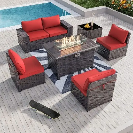 ALAULM 7 Pieces Outdoor Patio Furniture Set with 43" Gas Propane Fire Pit Table PE Wicker Rattan Sectional Sofa image {13}
