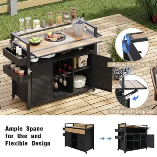 Wooakway 53"W Outdoor Grill Cart with Wheels Black Brown Wicker Rolling Kitchen Island with Storage and Extension Tabletop image {3}