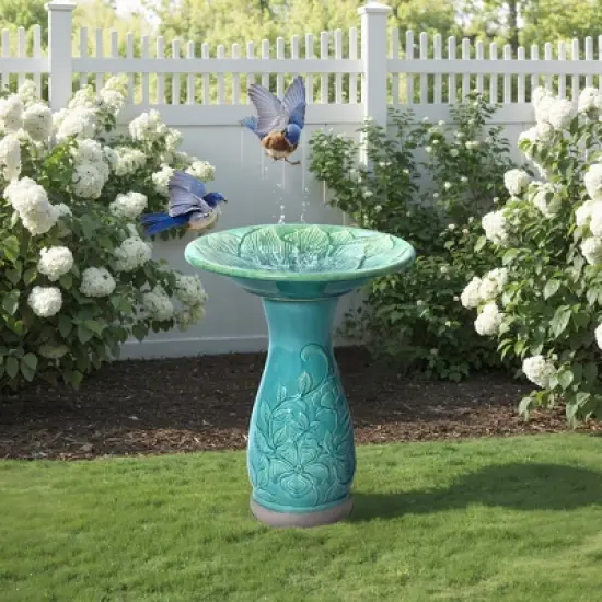 LuxenHome 23" Elegant Tall Ceramic Bird Bath for Outside with Floral Pattern, Jade Green image {6}