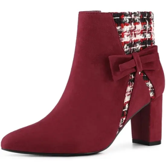 Allegra K Women's Plaid Pointed Toe Block Heels Ankle Boots image {10}