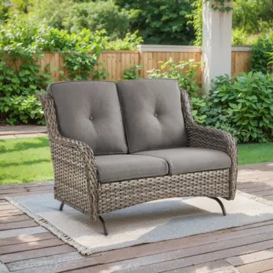 Buenhomino Patio Loveseat Rattan Glider Sofa with Curved Armrest Thicking Back & Seat Cushions for Garden Balcony Backyard image {12}