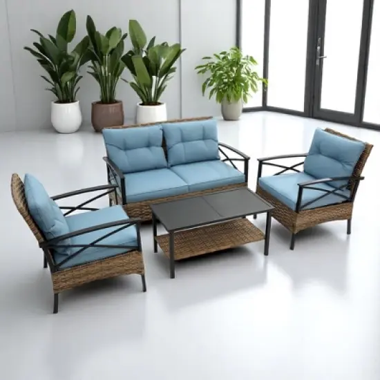 4-Piece Patio Sectional Low Dining Sofa Set with Steel Table, Blue Cushions, and Detachable Covers &acirc;&acirc;&sbquo;?Comfortable Outdoor Conversation Set image {6}