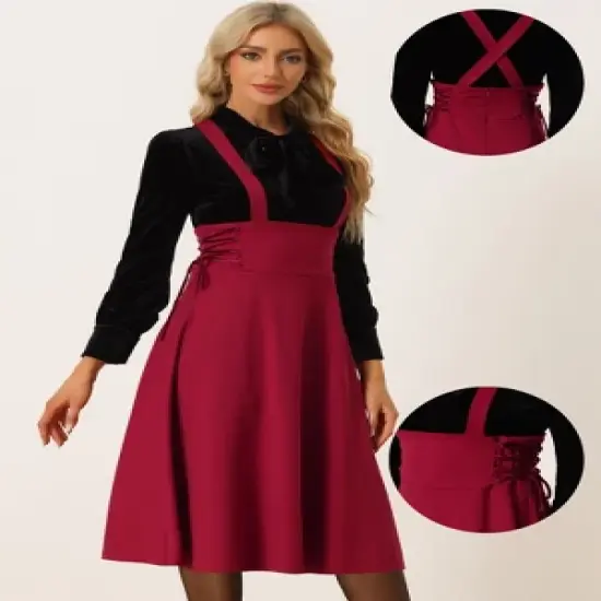 Allegra K Women's Brace High Waisted Lace Up Midi Suspender Skirt image {1}