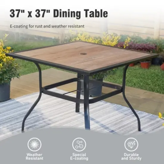 Captiva Designs 5pc Patio Dining Set Steel Frame Table with Umbrella Hole & Gray Textilene Chairs with Wood-like Armrests image {13}