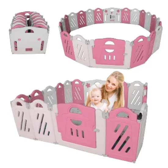 ORRD 16+2 Panel Baby Playpen - Foldable Playard with Safety Gate, Adjustable Shape for Kids (Pink+White) image {8}