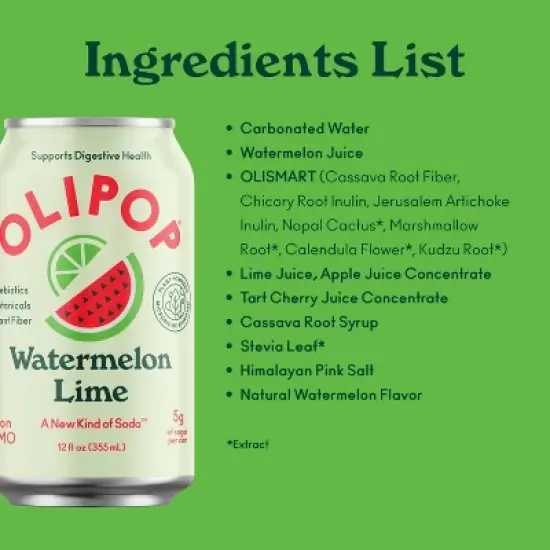 OLIPOP Watermelon Lime Prebiotic Soda - 12 fl oz Can image {5}