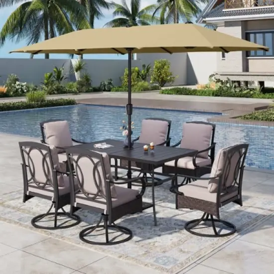 Captiva Designs 8pc Patio Rectangle Steel Dining Table & Rattan Chairs & Market Umbrella image {15}