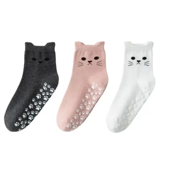 Anna-Kaci Women's Cat Face Grip Socks with Paw Print Anti-Slip Sole Soft Knit Ankle Socks for Home or Yoga 3-Pack image {8}