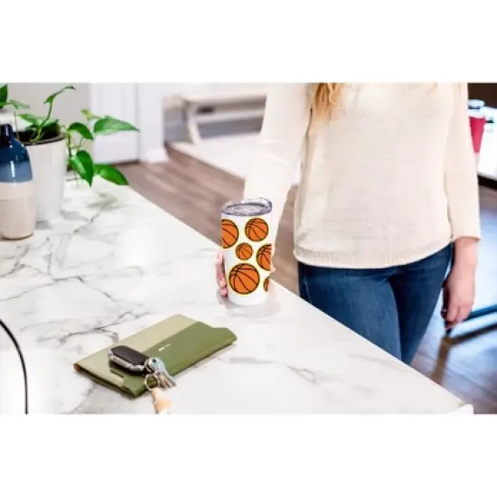 100 North 20 Ounce Stainless Steel On the Go Travel Tumbler With Push Top Lid, Basketball White image {3}