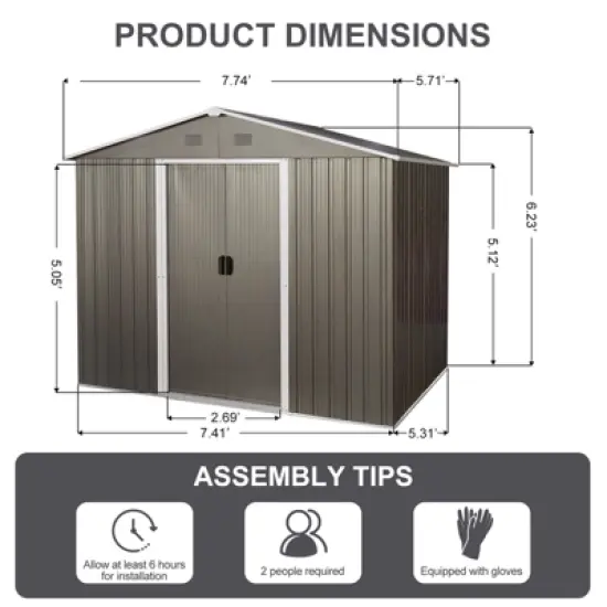 Gulches 8ft x 6ft Outdoor Metal Storage Shed with Metal foundation,Gray (SKU: W540S00012) image {8}