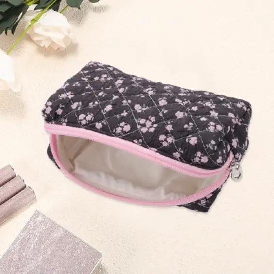 Unique Bargains Pink Flowers Makeup Bag Black 1 Pc image {2}