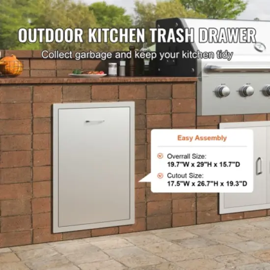 VEVOR Pull Out Trash Drawer 19.7W x 26.5H Inch Outdoor Kitchen Drawers Stainless Steel with Trash Bag Ring for BBQ Island or Grill Station, Silver image {2}