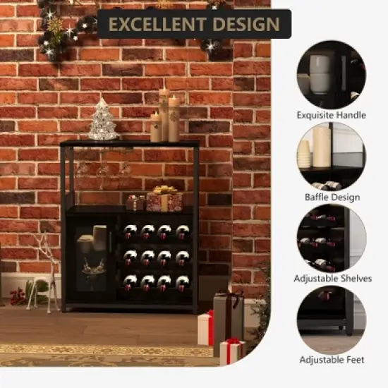3-Tier Industrial Wine Bar Cabinet with Detachable Wine Rack, Drawer, Glass Holder & Mesh Doors Durable Sideboard and Buffet Storage, Brown image {4}
