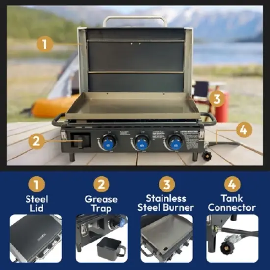 Razor GGC2228MG Stainless Steel Triple Burner 34.5" Portable Pre Seasoned Tabletop Outdoor Griddle for Backyard Cooking, Tailgating, and Camping image {1}