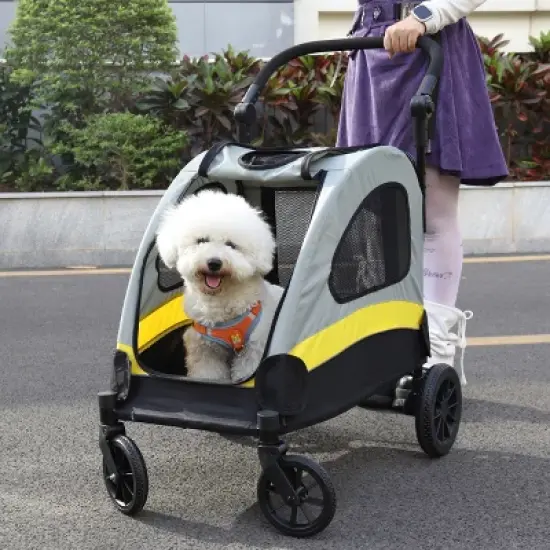 Large Heavy Duty Dog Stroller Folding Pet Stroller 4-Wheel Pet Travel Carrier Double Door Pet Trolley Skylight Cart with Rainproof Cover image {10}