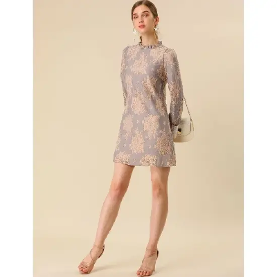 Allegra K Women's Ruffle Crew Neck Formal Elegant Mini Floral Lace Dress image {3}