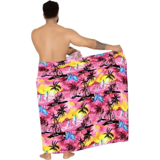 LA LEELA Men's Sarong Swim Bath Pareo Aloha Wraps One Size Pink Palm Tree image {1}