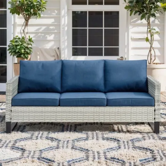 POCASSY 74.4" Outdoor Wicker Couch with Metal Armrest, 3-Seater Couch with Square Armrest Patio Furniture Sofa for Porch Balcony image {9}