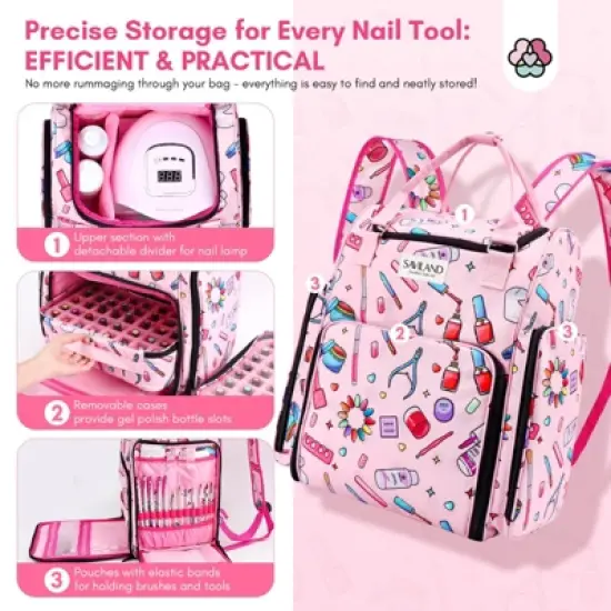 SAVILAND 33L Large Nail Polish Organizer Bag with Light - Holds 80 Bottles & Lamp, Portable Manicure Storage Case, Pink(1 Pack) image {3}