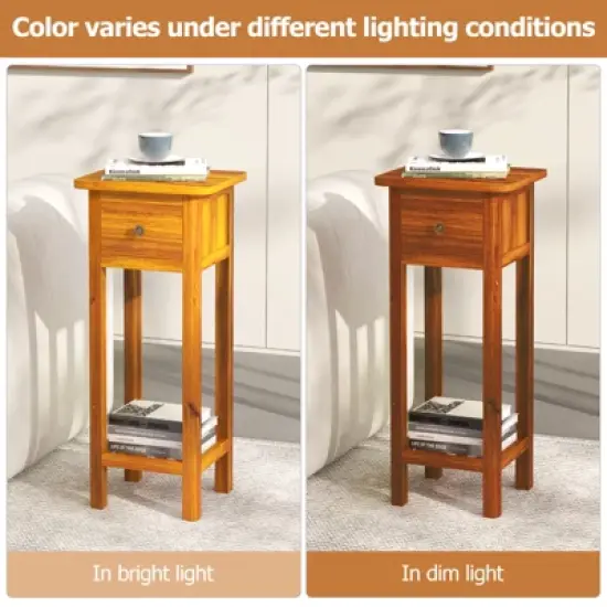 Costway Solid Wood Side Table with Acacia Wood Top Drawer & Open Shelf Small Nightstand image {9}