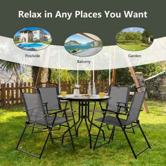 Tangkula 6PCS Patio Garden Dining Set w/ Round Table & 4 Folding Chairs & Umbrella image {5}