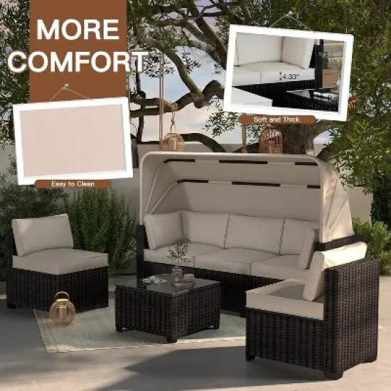 6 Pieces Patio Sectional Sofa Set, PE Rattan Daybed, Outdoor Wicker Sunbed Chaise Chair, Adjustable Backrest, for Poolside, Backyard image {1}