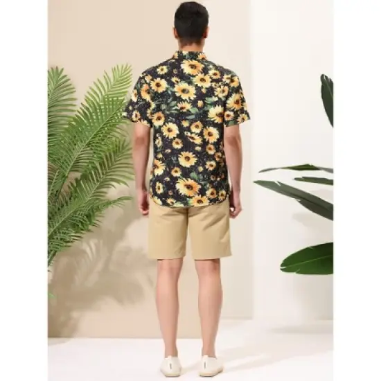 Lars Amadeus Men's Sunflower Printed Short Sleeve Button Down Hawaiian Floral Shirt image {4}