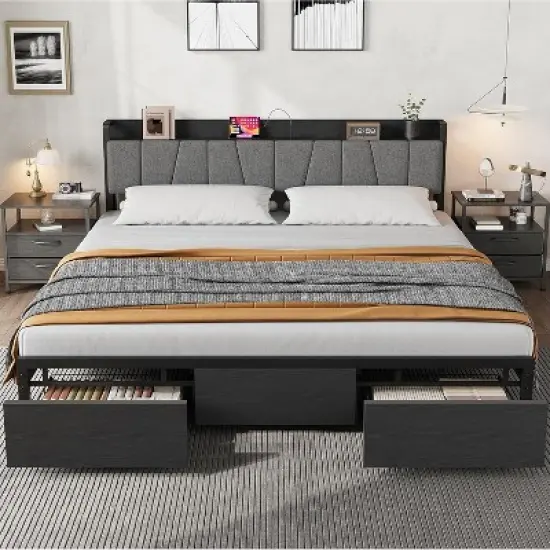 Bed Frame with Storage Headboard, Industrial Platform Bed with 2 Large Drawers and Charging Station, Black No Box Spring Needed Bed frame image {9}