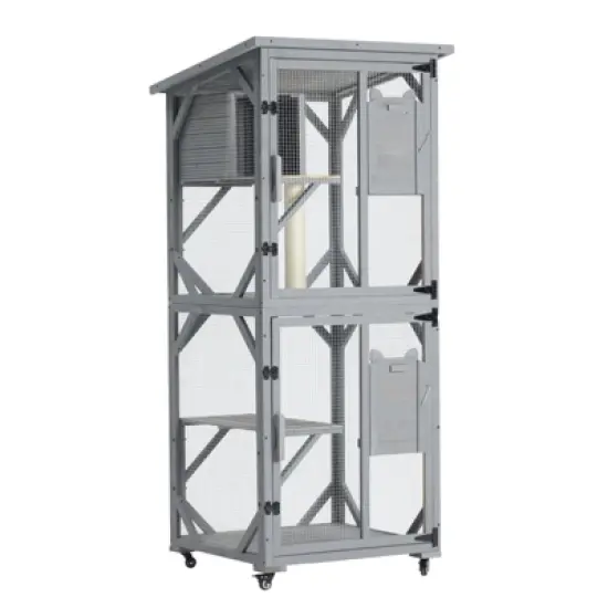 Catio Outdoor Cat Enclosure, 66.5" Wooden Cat Playen Catio with Wheels, Large Pet House with Platforms and Resting Box, Feral Animal Shelter image {5}