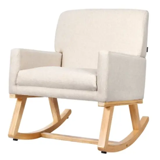 Costway Mid Century Rocking Chair Upholstered Armchair w/ Lumbar Support BeigeGray image {9}