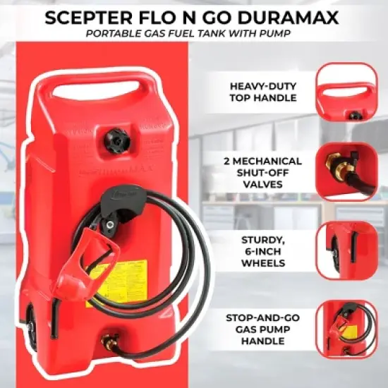 Scepter Flo N' Go Duramax 14 Gallon Portable Gas Fuel Tank, Container Caddy Can with LE Fluid Transfer Siphon Pump and 10 Foot Long Hose, Red, 2-Pack image {3}