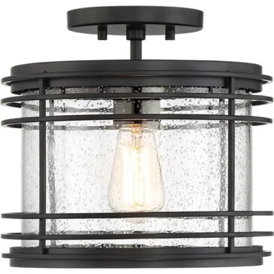 Possini Euro Design Modern Semi Flush Mount Outdoor Ceiling Light Fixture Black Geometric 11" Clear Seedy Glass for Exterior House Porch Patio Deck image {3}