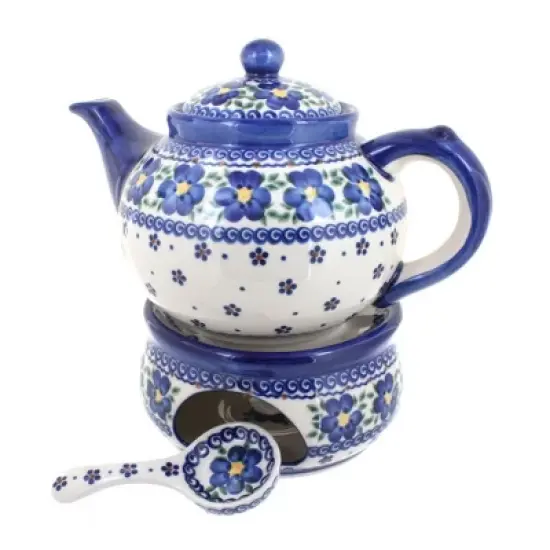 Blue Rose Polish Pottery 1886 Vena Teapot with Warmer & Candle Holder image {3}