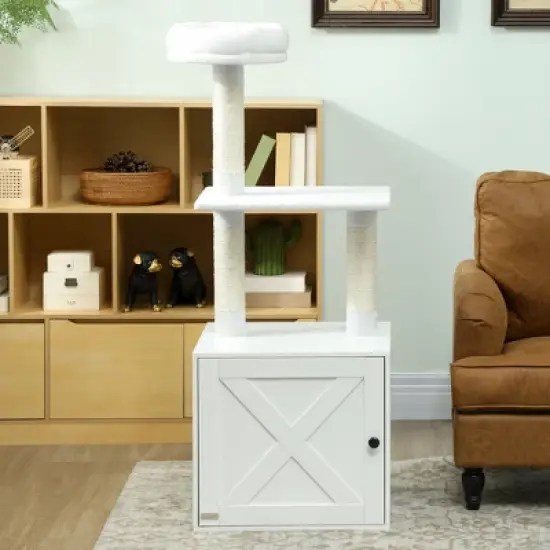 SKYONE White 3-Tier Cat Tree with Litter Box Enclosure, Scratching Posts, Climbing Platform & Top image {7}