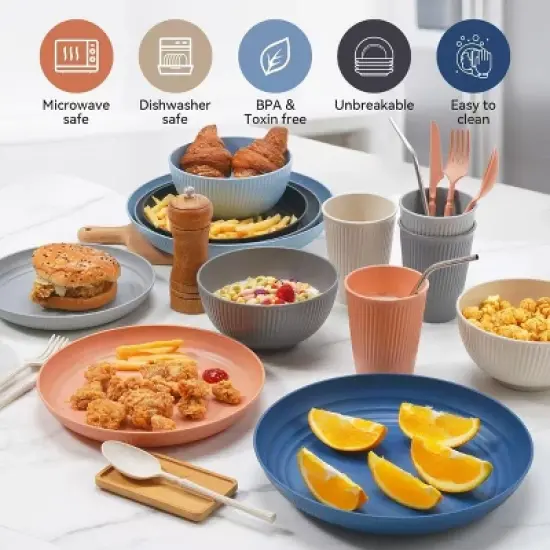 Itopfox 56-Piece Black Wheat Straw Dinnerware Set, Unbreakable Plates, Bowls, Cups & Utensils, Microwave & Dishwasher Safe, Reusable for Home, Office image {6}