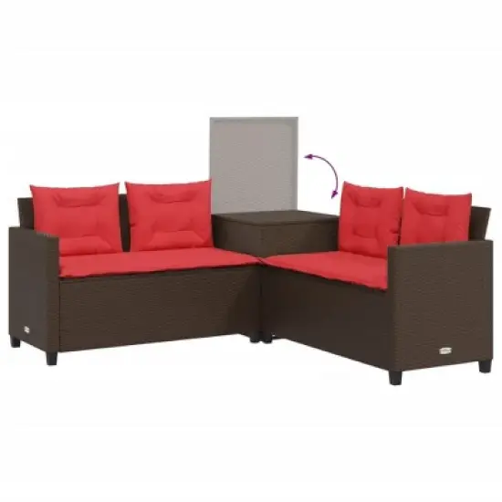 vidaXL Patio Sofa Set - L-Shaped Brown Poly Rattan Outdoor Seating with Side & Coffee Table, Tempered Glass Top, Cushions, Storage image {6}