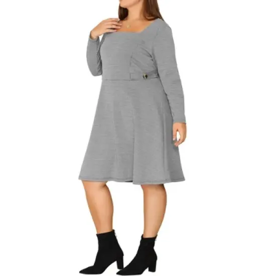 Agnes Orinda Women's Plus Size Long Sleeve Square Neck Work Houndstooth Midi Dresses image {1}