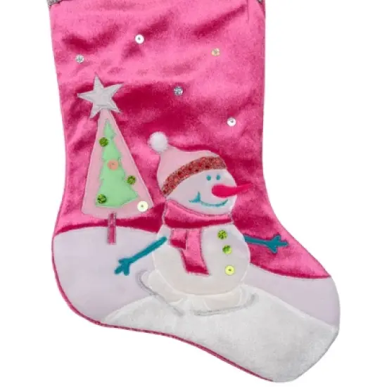 Northlight 20.5" Pink Embroidered Ice Skating Snowman and Christmas Tree Stocking image {3}