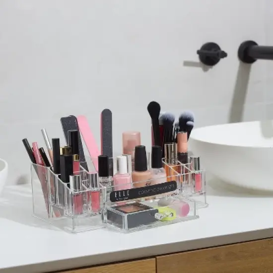 Acrylic Makeup Tray Organizer&ndash; 16 Compartments 1 Drawer, Rectangular Holder for Brushes, Eyeshadow Palettes, Skincare & Beauty Supplies image {1}