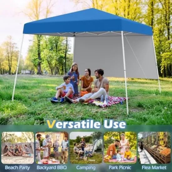 Costway 10 X 10FT Pop up Canopy Tent with 1 Sidewall, Portable Backpack, 4 Stakes Slant Leg Blue/White/Pinl/Gray image {9}