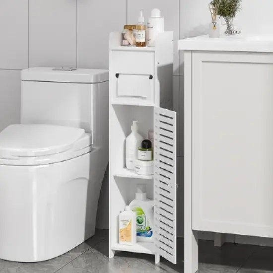 VECELO Bathroom Corner Shelf Storage, Waterproof Corner Cabinet with Toilet Paper Roll, Narrow Storage Organizer for Small Spaces, White image {16}