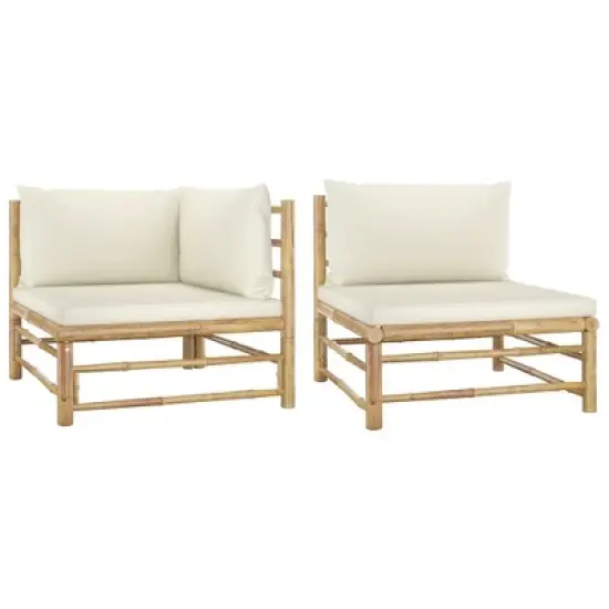 vidaXL 2 Piece Patio Lounge Set with Cream White Cushions Bamboo image {6}