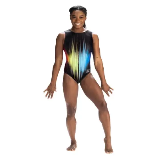 GK Elite Girls' Simone Biles Leotard - Rainbow Waves/Black image {2}
