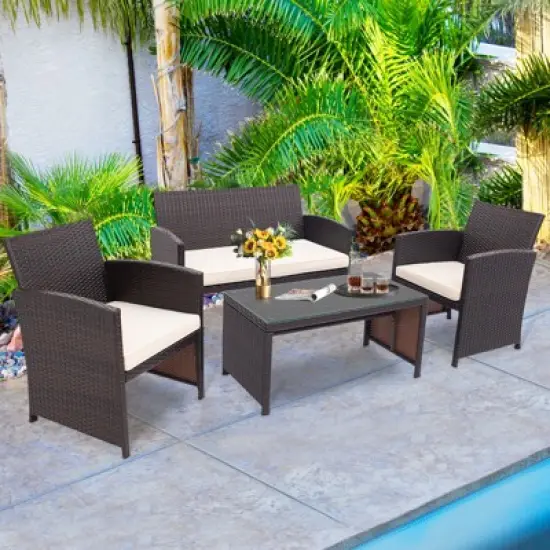 Tangkula 4PCS Outdoor Patio Furniture Sets Weather-Resistant Rattan Sofas w/ Soft Cushion White image {2}