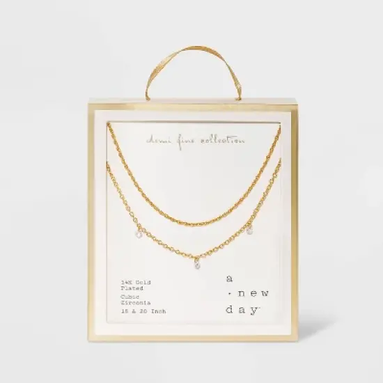 14K Gold Plated Pierced Cubic Zirconia Duo Necklace - A New Day&trade; image {2}