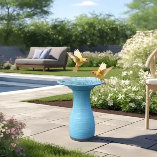 LuxenHome 20" Elegant Tall Ceramic Bird Bath for Outside with Leaf Pattern, Sky Blue image {5}